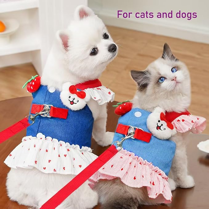 ANIAC Denim Dog Dress Harness with Leash Set Cute Small Dogs Clothes Girl Heart Patterns Puppy Dresses Breathable Mesh Cat Harness Leash Strawberry Chihuahua Yorkie Outfit (Pink Heart, X-Large)