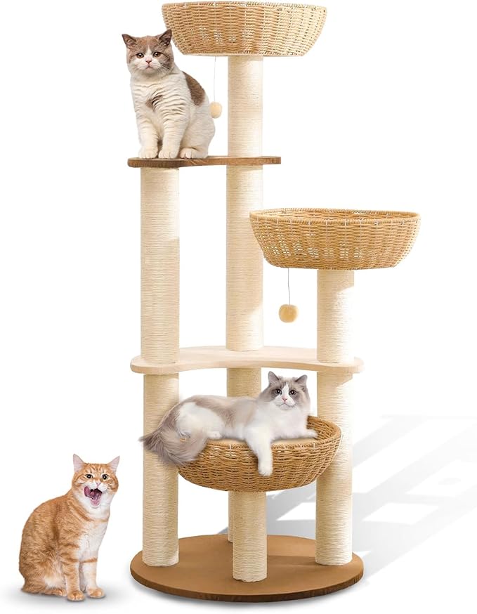 52" Modern Cat Tree Tower for Large Cats, 3Cat Nests Manual Hand Woven Multilevel Huge Paws Pals Cat Tree, Wood Cat Tower, Cat Scratching Tree, Cat Condo, Cat Lover Gift