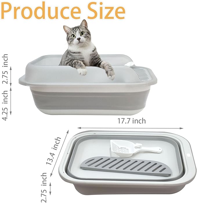 Collapsible Kitten Litter Box, Open High Sided Cat Potty Pan with Scoop Shallow Cat Toilet Anti-Splashing Low Entrance Travel Litter Box with Falling Sand Pedal for Kitty to Senior Cats
