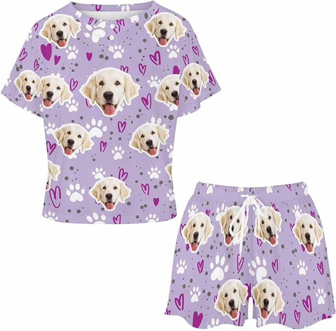 D-Story Custom Short Pajama Set with Pet Face Personalized Photo Sleepwear 2 Pieces Pjs Nightwear Xmas Gift for Women