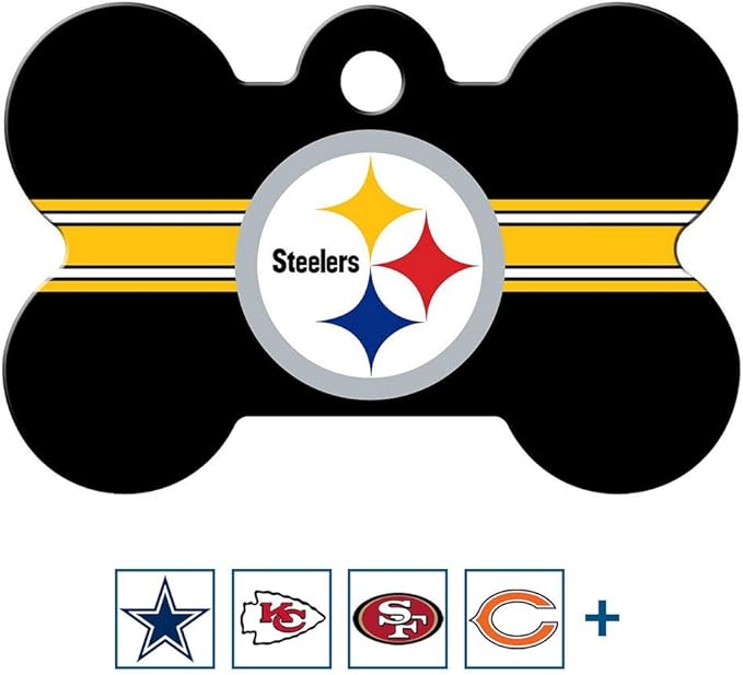 GoTags Personalized Pittsburgh Steelers Dog Tag, Brass Metal Bone Shape Pet ID Tag Engraved with Name and Custom Text, Every NFL Football Team Pet Apparel (Large)
