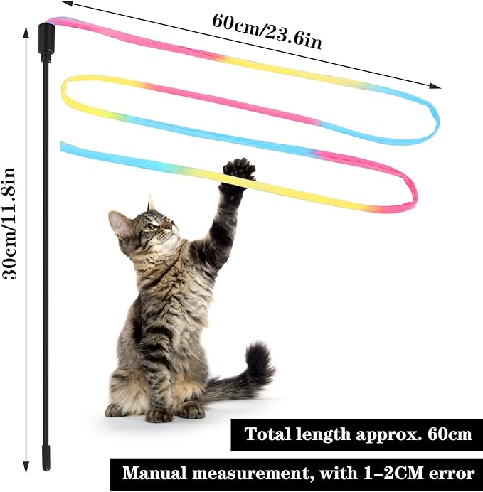 Cat Wand Rainbow Toy, 3pcs Rainbow Ribbon Cat Wand for Kittens Training Rainbow Ribbon Cat Interactive Catcher Wand Stick Toy for Kitten Cat Indoor Exerciser Playing(30cm)