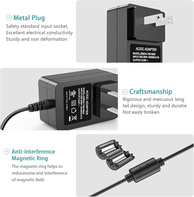 15V DC Power Supply 15Volt Power Adapter Compatible with Litter Robot 2, 3, 4 Open Air Self Cleaning Cat Litter Box