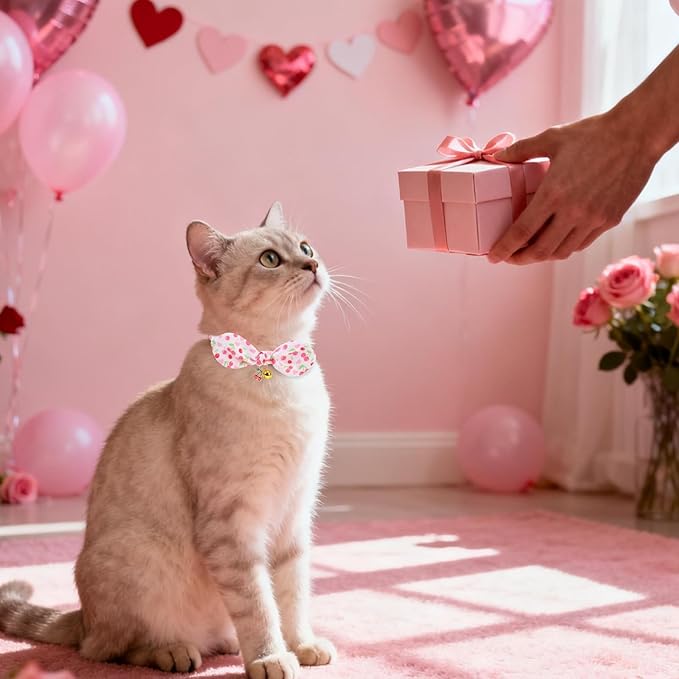 EXPAWLORER Bunny Ear Cat Collar with Bell, Soft Breakaway Kitten Collar with Bow and Accessory, Pink Girl Cat Collars with Safety Quick Release Clasp, Pet Collar for Valentine's Day (Cherry)