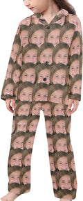 Artsadd Girls Pajamas Set Custom Face Pet Photo Long Sleeve Sleepwear Personalized Printed V-Neck Button-up Pants Nightwear