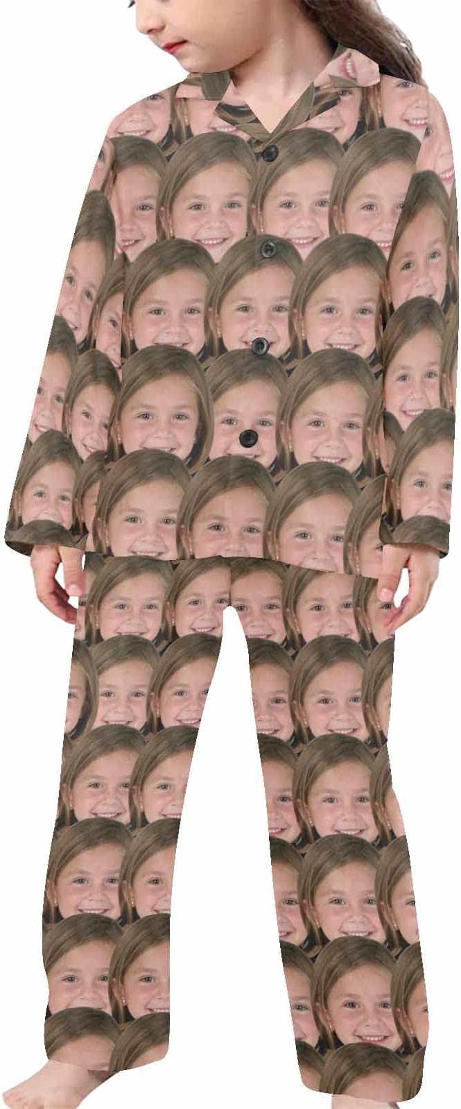 Artsadd Girls Pajamas Set Custom Face Pet Photo Long Sleeve Sleepwear Personalized Printed V-Neck Button-up Pants Nightwear