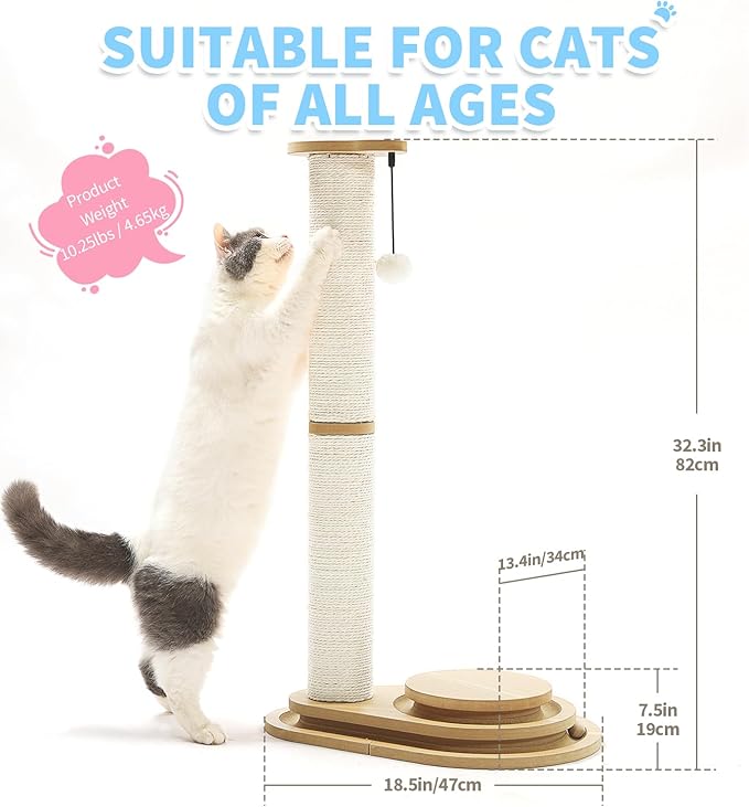 Made4Pets Cat Scratching Post Cat Scratcher Kitten Toys for Indoor Cats Wooden Ball Track Two-Layer Modern Sisal 32" Tall Scratch Post Interactive Toy with Dangling Ball Large Size