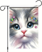 Cute Kitty Garden Flag 12x18 Inch Bling Rhinestone Cat Face Banner Double Sided Kitten Yard Decor for Cat Lovers, Spring Summer Outdoor Decoration