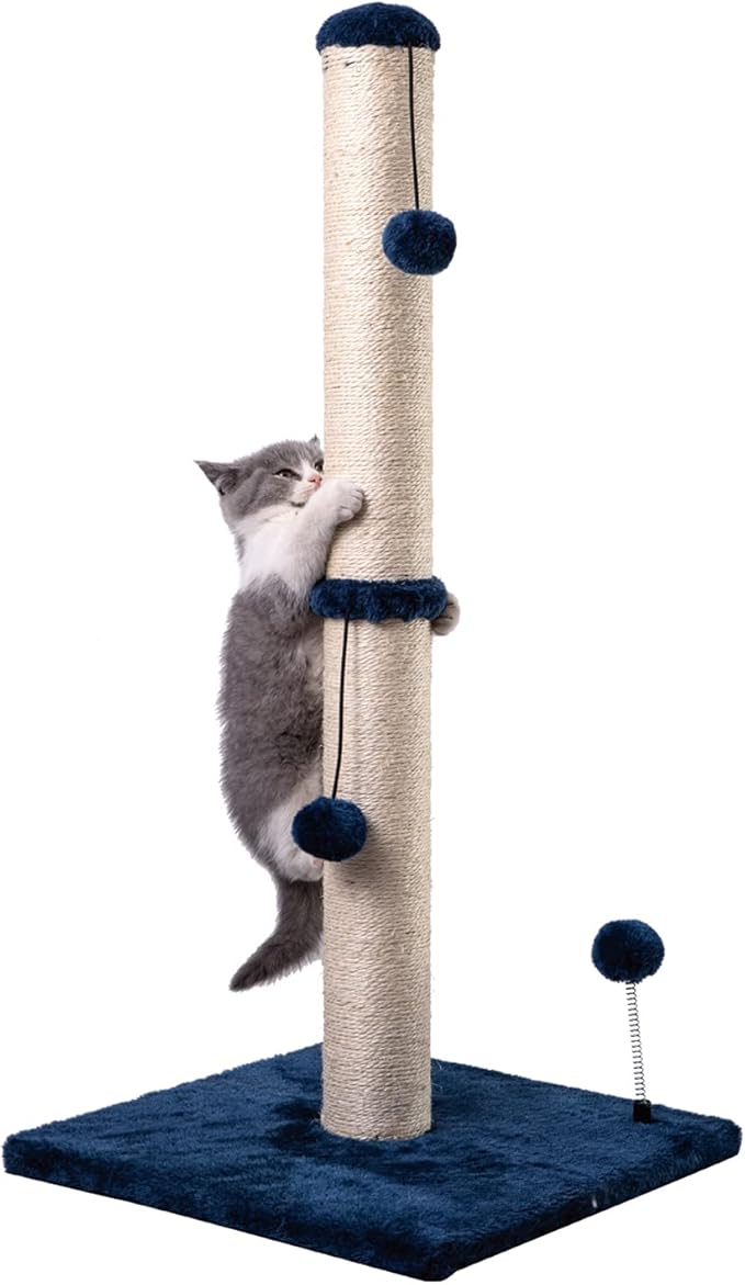 MECOOL 34“ Tall Cat Scratching Post Premium Basics Kitten Scratcher Sisal Scratch Posts Trees with Hanging Ball for Indoor Cats, Navy