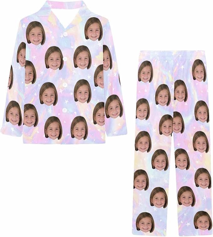 Artsadd Girls Pajamas Set Custom Face Pet Photo Long Sleeve Sleepwear Personalized Printed V-Neck Button-up Pants Nightwear