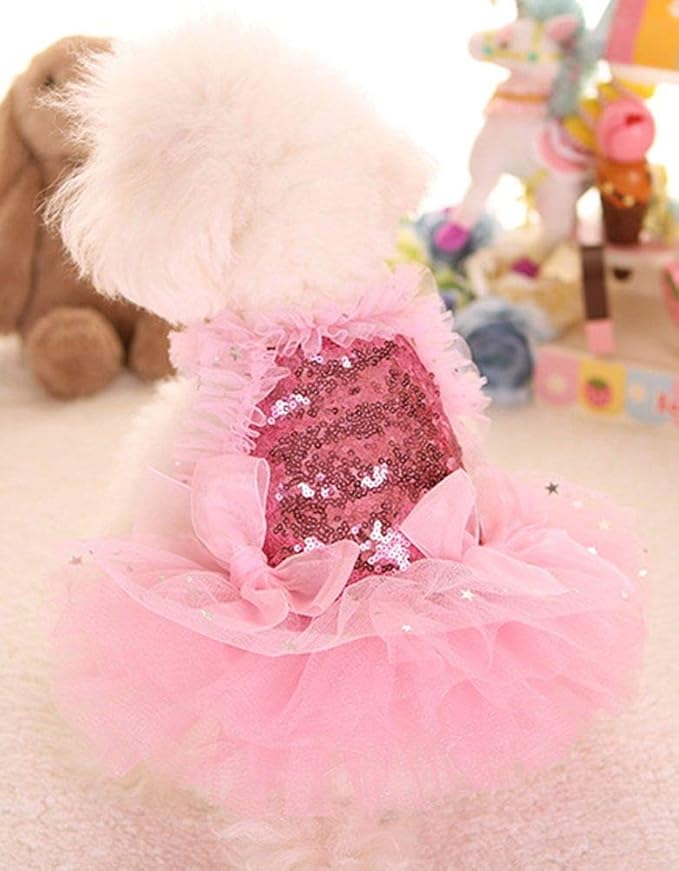 Fashion Sweet Puppy Dog Blingbling Princess Skirt Pet Dog Lace Cake Camisole Tutu Dress Pink Large