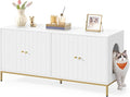 Feandrea Double Cat Litter Box Enclosure, Hidden Litter Box Furniture with Double Room, for 2 Cats, Modern Style, 47.2" Pet House Washroom Cabinet, Side End Table, TV Stand, White and Gold