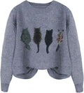 WDIRARA Women's Cat Graphic Sweater Long Sleeve Crew Neck Knit Tops Casual Knitwear