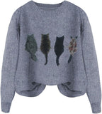 WDIRARA Women's Cat Graphic Sweater Long Sleeve Crew Neck Knit Tops Casual Knitwear