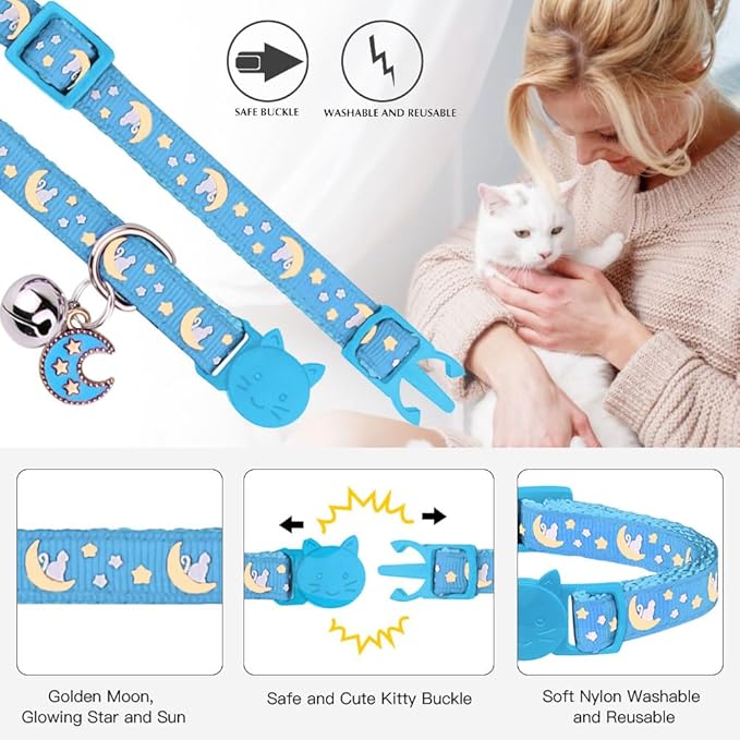2Pcs Breakaway Cats Collars Cat Collars for Boy Cats Adjustable Kitten Collars with Bell,Black+Light Blue,8"-13.1"