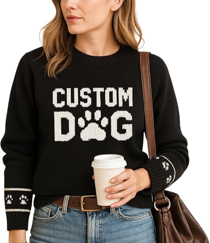 Custom Dog Knit Sweater for Women Personalized Pet Paw Print Pullover Dog Mom Gift Christmas for Pet Lovers