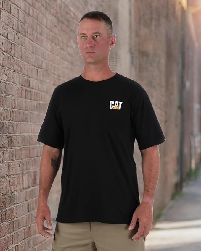 CAT Men's Trademark T-Shirts with Shape-Retention Rib Trim Spandex, Tagless Neck, and Cat Logo on Left Chest