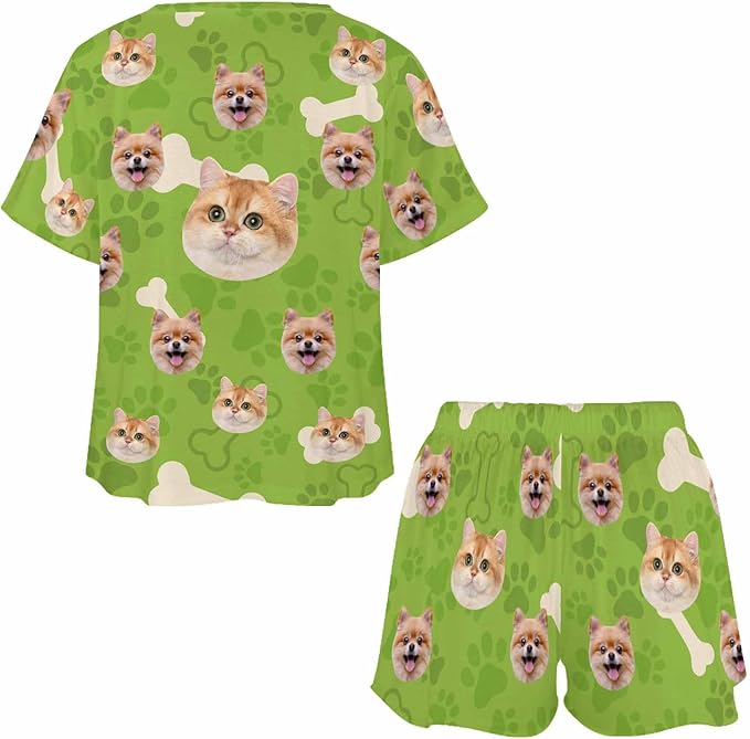 Custom Short Pajamas Set with Face Photo Women‘s Sleepwear Tee Personalized PJ Short Loungewear Set fot Her