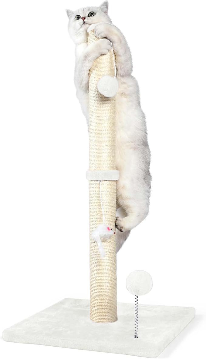 ANWA 32" Tall Cat Scratching Posts for Indoor Cats, 3-in-1 Cat Scratching Post with Plush Toys, Premium Sisal Post for Cats at All Ages with Reinforced Stable Base, Cream White
