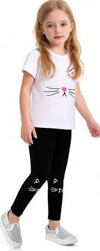 4-8T Toddler Girl Clothes Cat face print Short Sleeve Top+Pants Outfits Girl Spring and summer 2-Piece Set