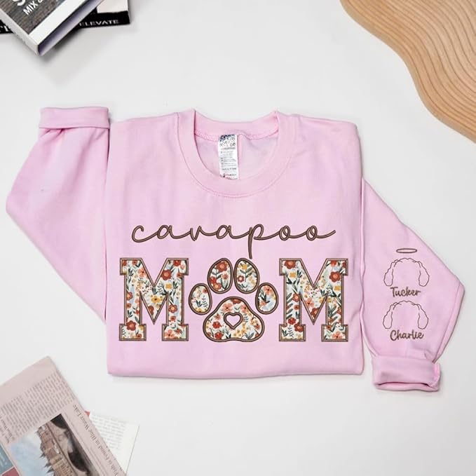 CHILLEVER Personalized Embroidered Dog Mom Sweatshirt, Dog Mama Crewneck, Gift for Mom, Pet Name On The Sleeve