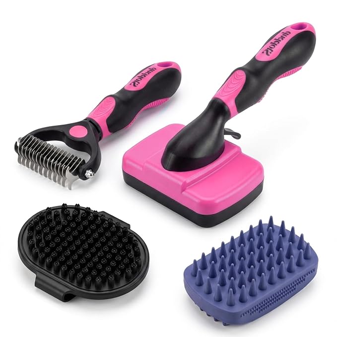4PCS Self Cleaning Slicker Brush, Pet Grooming Rake, Bath Brush & Massage Brush for Short/Long Haired Dogs, Cats & Horses, Pet Grooming Deshedding Tools - Pet Supplies (Pink Black)