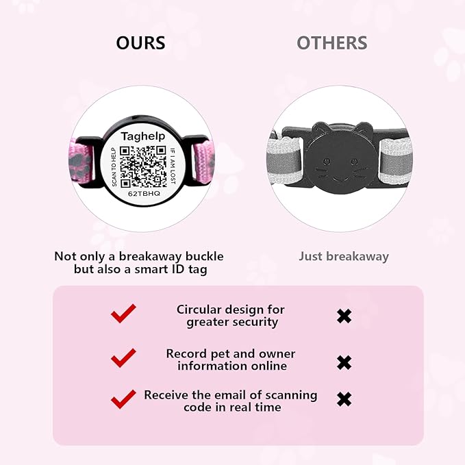 Peace of Mind Cat Collar 2-Pack: QR Code Tag with Permanent Online ID + Breakaway Reflective Collar, Scan for Immediate Contact if Lost (Pink & Black)