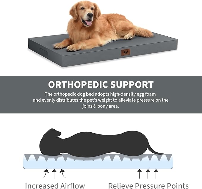 Outdoor Extra Large Dog Crate Bed, XXL Waterproof Dog Bed for Giant Breeds Dogs, 47x29 Inch Orthopedic Egg Crate Foam Pet Mat with Removable Cooling Cover, Grey
