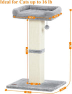 32" Cat Scratching Post for Indoor Cats, Sisal Cat Scratcher with Plush Perch, Large Scratch Post with Bed, Removable Cover, Sisal Fabric,Light Grey
