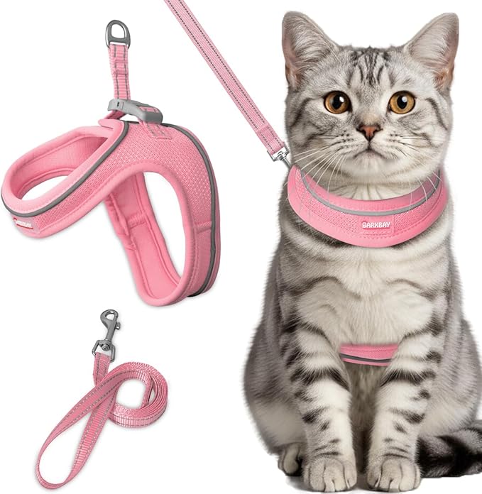 Cat Harness and Leash Set,Escape Proof Kitten Harness,Step in Adjustable Soft Lightweight,Easy Control,Reflective Strips Comfortable for Walking Travel(Baby Pink,M)