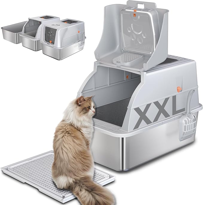 Stainless Steel Cat Litter Box with Lid, 180° Flip Top XXL Enclosed Litter Box with Cat Pedal Step Stool & Scoop, Front Top Dual Entry Steel Extra Large Cats Litter Pan, Light Grey
