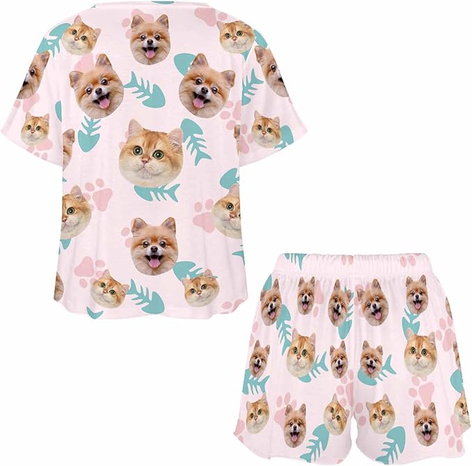 Custom Short Pajamas Set with Face Photo Women‘s Sleepwear Tee Personalized PJ Short Loungewear Set fot Her