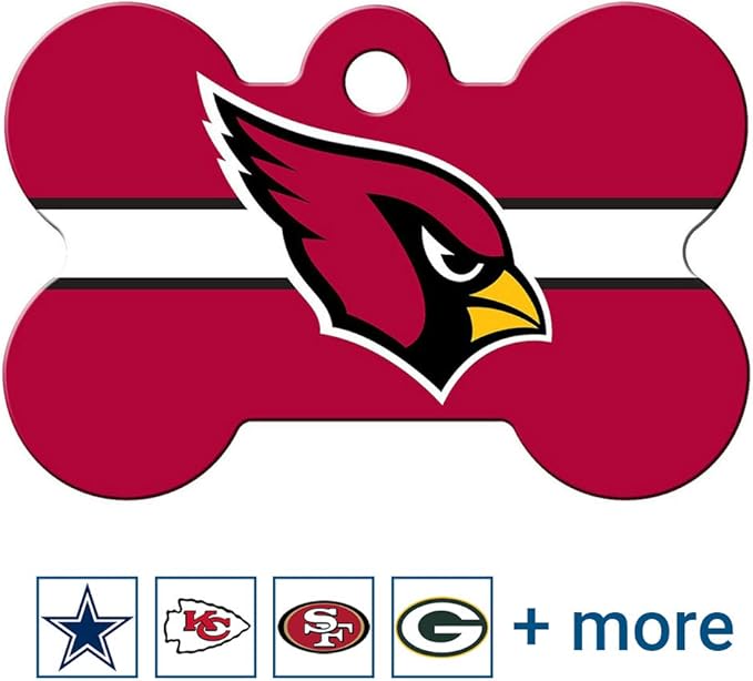 GoTags Personalized Arizona Cardinals Dog Tag, Brass Metal Bone Shape Pet ID Tag Engraved with Name and Custom Text, Every NFL Football Team Pet Apparel (Large)