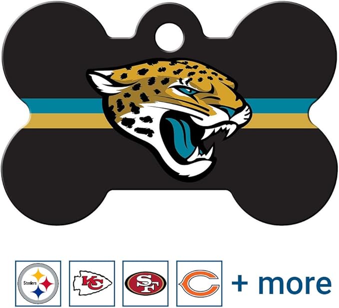 GoTags Personalized Jacksonville Jaguars Dog Tag, Brass Metal Bone Shape Pet ID Tag Engraved with Name and Custom Text, Every NFL Football Team Pet Apparel (Large)