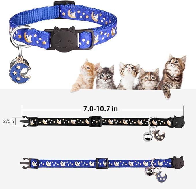 2Pcs Breakaway Cats Collars Cat Collars for Boy Cats Moons Adjustable Kitten Collars with Bell & Pendant Glow in The Dark,Black+Blue