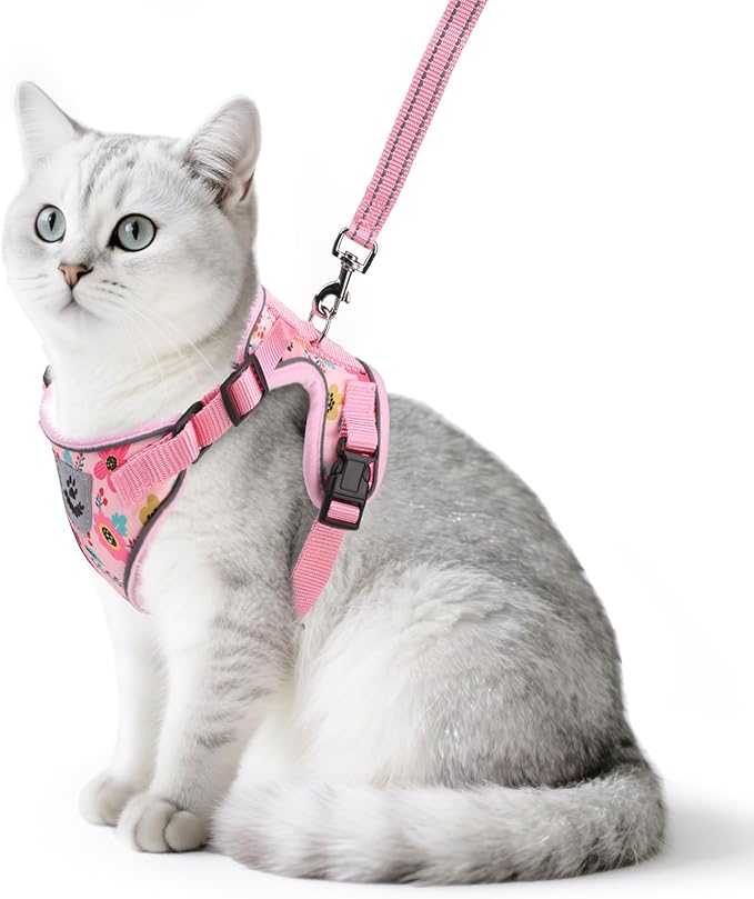 PUPTECK Cat Harness and Leash Set Escape Proof Reflective Cat Walking Harness Adjustable Soft Breathable Mesh Vest for Small Pets, Pink Flowers, M