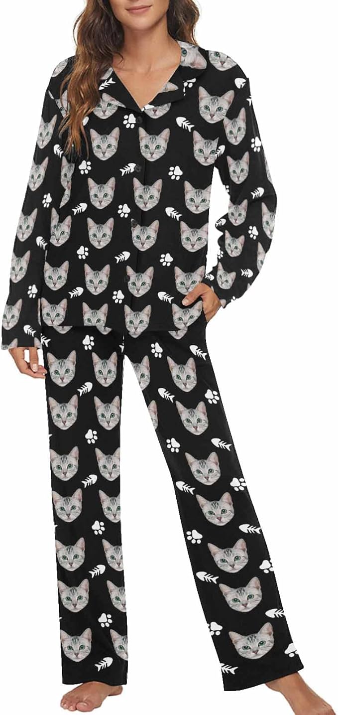 MyPupSocks Custom Face Pajamas for Women Set, Personalized Photo Long Sleepwear XS-XXL