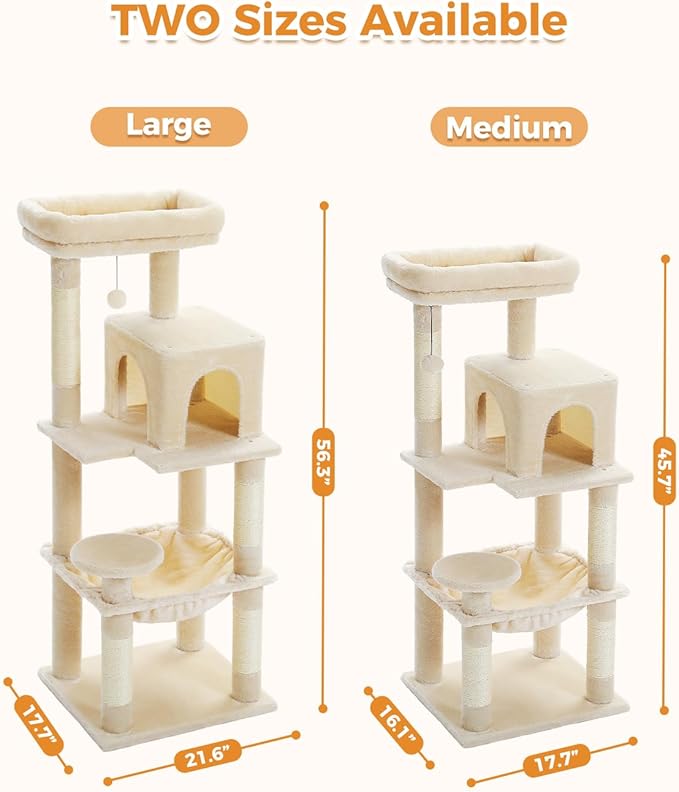 Cat Tree for Large Cats Adult with Metal Plush Big Hammock, 56.3" Cat Tower with 2 Door Condo House, 6-Tier Cat Shelves with Scratching Posts and Large Top Perch, Beige