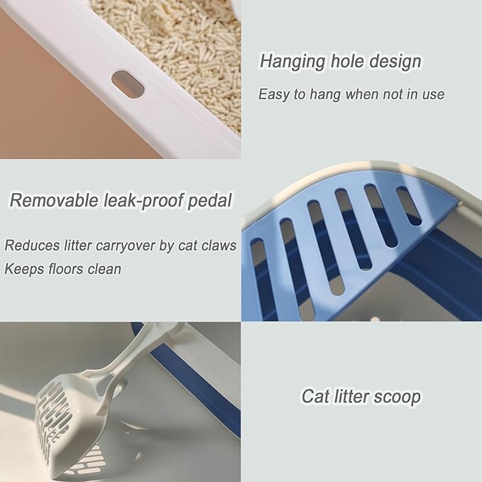 Collapsible Small Cat Litter Box,Kitten Open Potty Pan with Scoop Cat Toilet with Falling Sand Pedal Low Entrance Foldable Kittens Travel Litter Box Blue