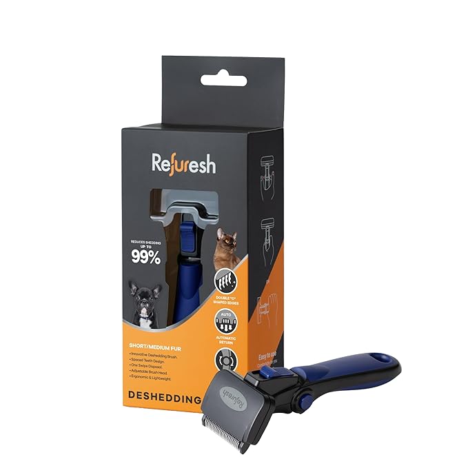 Deshedding Dog Brush for Short/Medium Hair (Small,Blue) – Gentle Deshedding Tool for Dogs & Cats – Reduces Shedding, Without damaging Topcoat. Removes Loose Fur & Dead Undercoat.