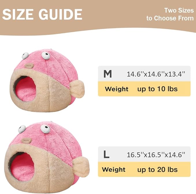 Cat Beds for Indoor Cats - Cat Bed Cave with Removable Washable Cushioned Pillow, Soft Plush Premium Cotton No Deformation Pet Bed, Lively Pufferfish cat House Design, Pink, Multiple Sizes