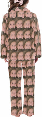 Artsadd Girls Pajamas Set Custom Face Pet Photo Long Sleeve Sleepwear Personalized Printed V-Neck Button-up Pants Nightwear