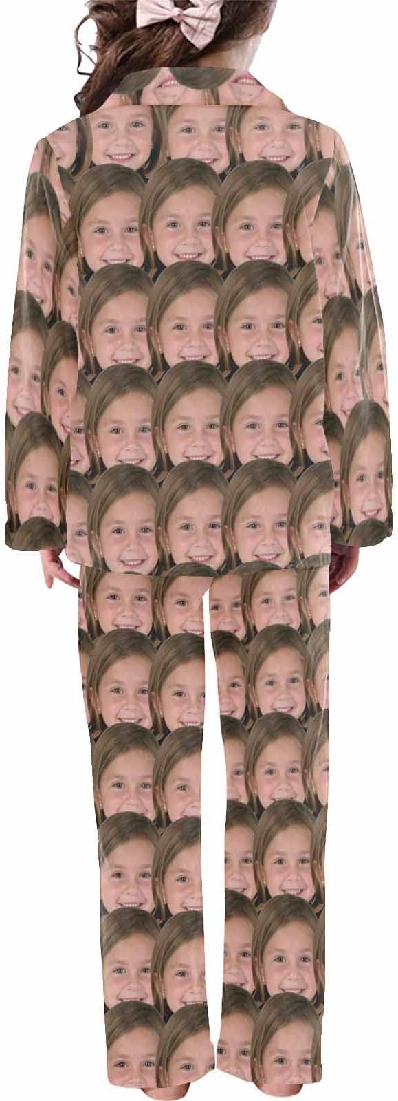 Artsadd Girls Pajamas Set Custom Face Pet Photo Long Sleeve Sleepwear Personalized Printed V-Neck Button-up Pants Nightwear