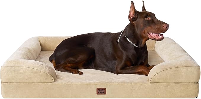 EHEYCIGA Orthopedic Dog Beds for Extra Large Dogs, Waterproof Memory Foam XXL Dog Bed with Sides, Non-Slip Bottom and Egg-Crate Foam Big Pet Couch Bed with Washable Removable Cover, Greige