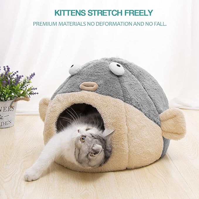 Cat Beds for Indoor Cats - Cat Bed Cave with Removable Washable Cushioned Pillow, Soft Plush Premium Cotton No Deformation Pet Bed, Lively Pufferfish cat House Design, Grey, Multiple Sizes