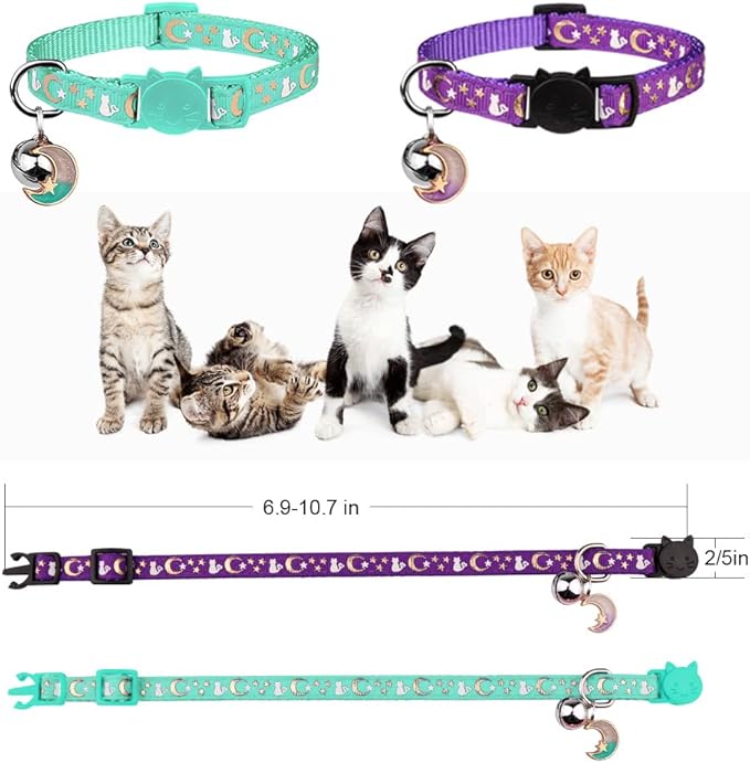 Baeuppit 2PCS Breakaway Cat Collars with Bell Moons Stars Cute Kitty Adjustable Safe Kitten Collars with Pendant Glow in The Dark(Purple&Teal)