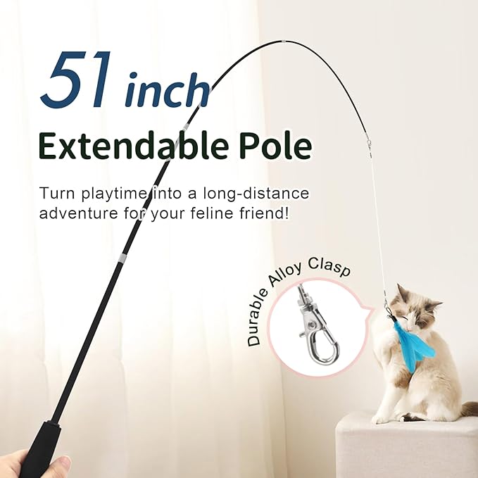 SONGWAY Cat Wand Toys for Indoor Cats - Cat Toy Set with Retractable Teaser Wand and 6 PCS Fairy Feather Toy Refills, Dragonfly Tassel Plush Cat Toys Interactive, Blue