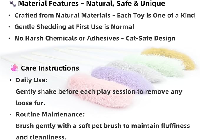 Rabbit Fur Cat Toys – 5PCS Interactive Cat Wand Toys for Indoor Cats, Soft Teaser Sticks for Play & Exercise, Natural Fur Cat's Teaser Set, 15" Long