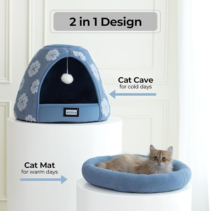 BALANCE Cat Beds for Indoor Cats, 2-in-1 Cat Bed Cave with Anti-Slip Bottom and Ultra-Soft Plush, Cozy Cats House Tent for Kittens and Small Dogs, 19 Inches, Blue
