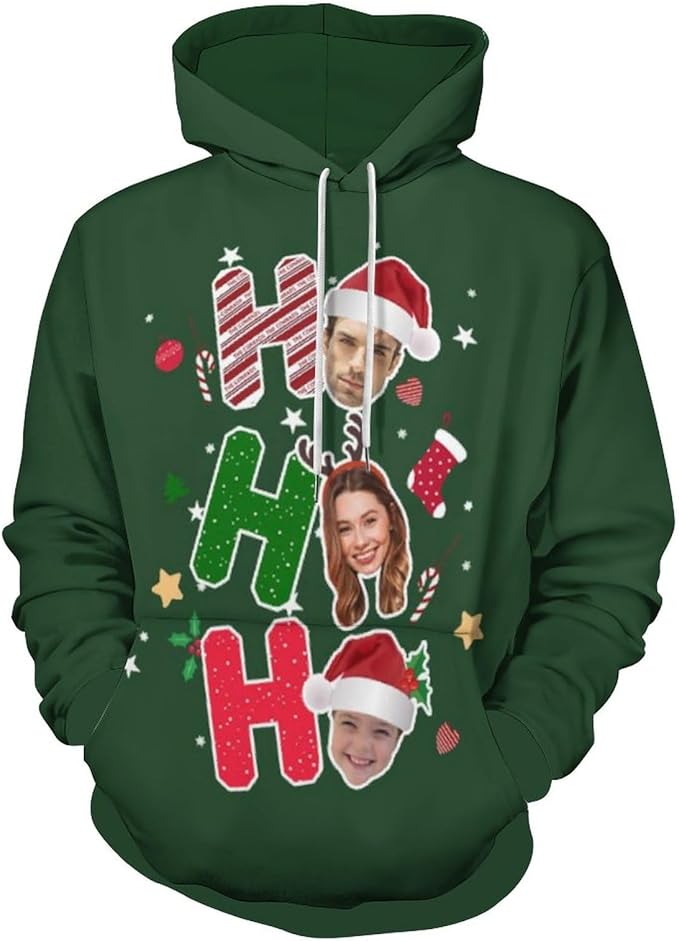 Artsadd Custom Face Unisex athletic Pockets Sweatshirt Loose Hoodie Custom Christmas Long Sleeve Sweatshirt Hooded Pullover